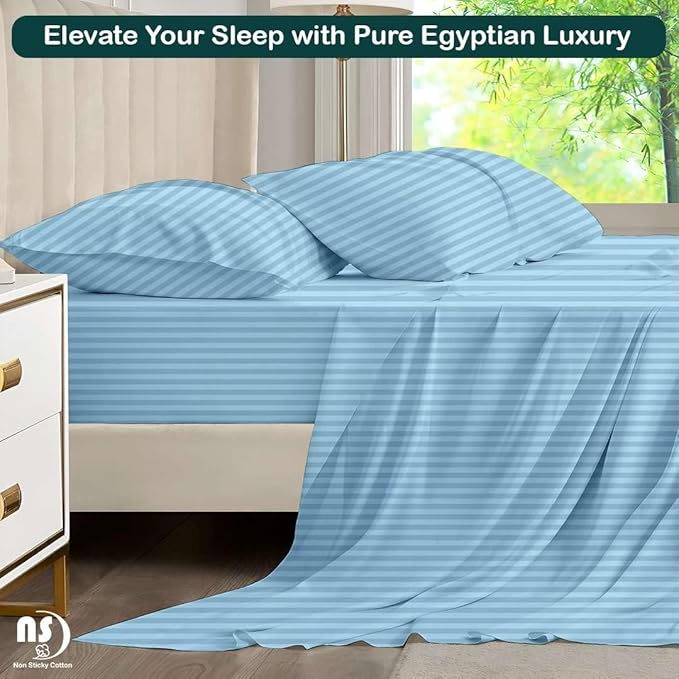 NON Sticky cotton Queen Size Sleeper Sofa Sheets, 4 Piece Egyptian Cotton Bed Sheet Set for Sofa Bed, 10" Deep Pocket for Pull Out Couch Mattress, 60" x 75", Light Blue Stripe, Soft & Breathable