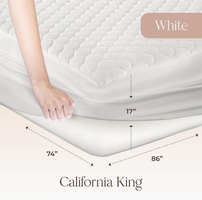 100% Cotton Organic Mattress Pad - Breathable & Cooling Mattress Protector Cal King - Premium 300GSM Quilted and Noiseless Machine Washable Organic Mattress Protector (White, Cal King)