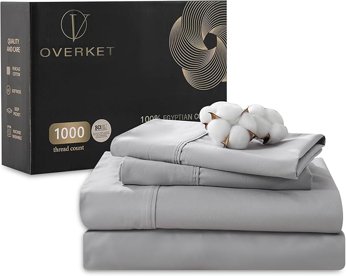 100% Egyptian Cotton Sheets Cal King Sheet Set 1000 Thread Count Sateen Weave Soft Breathable 16-Inch Deep Pocket 4PCS（California King,Grey）
