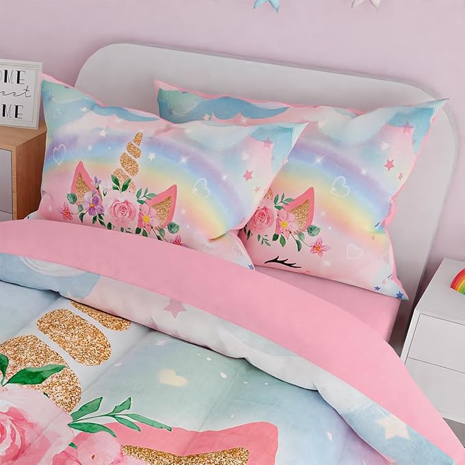 SANDJEST Unicorns Bedding Set for Girls Kids Teen Tween, Ultra Soft Microfiber Comforter Set Twin Size with 3-Pieces, Comforters Bed Sets Bedroom Decor
