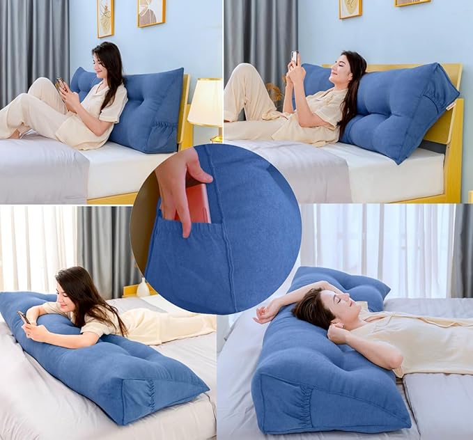 Triangular Reading Bed Rest Pillow Large Bolster Cushion Headboard Backrest Wedge Pillow with Removable Cover and Two Large Side Pockets (Cedar Brown, 47 x 8 x 20 inches)