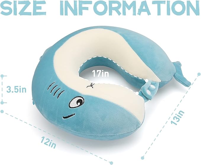 Niuniu Daddy Kids Travel Pillow for Airplane Road Trip Car Seat, Neck Chin Supporting, Stop Head from Falling Forward, Memory Foam with Cute Shark Animal Cover, Gift for Boy Girl - Shark Travel Pillow