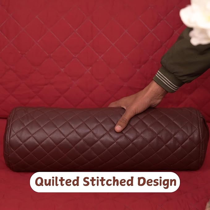 Neck Roll Pillow Cushion Cover, 24x5 Inch Full Moon Round Bolster Pillow Case, Cylinder Soft Lambskin Leather Pillowcase for Head, Spine & Neck Support During Sleep - Quilted Dark Brown Pack of 2