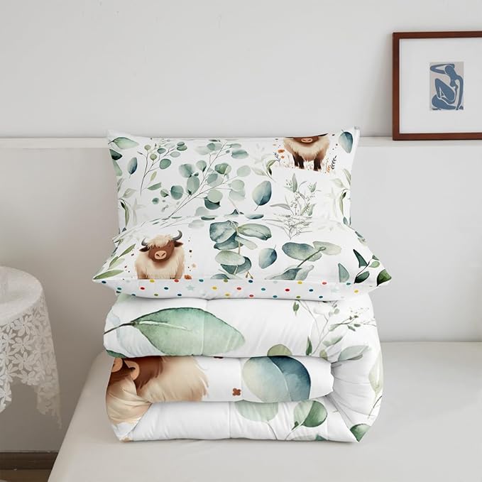 Erosebridal Boys Cartoon Animal Bedding Twin for Kids Toddler Kawaii Cow Comforter Set, Highland Cattle Bull Duvet Insert Western Cowboy Quilt Comforter, Green Eucalyptus Bedding Comforters & Sets
