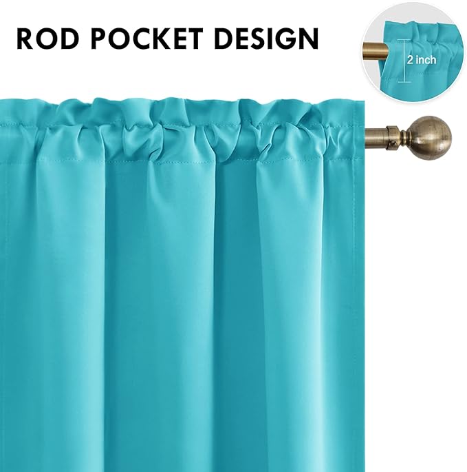 DWCN Blackout Curtains Thermal Insulated Energy Saving Bedroom and Kitchen Curtains Window Treatments, W 38 x L 45 Inch, Set of 2 Turquoise Rod Pocket Drapes