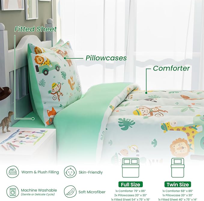SANDJEST Jungle Animal Comforter Set Twin Size 68x86in for Kids Boys, Microfiber 3 Pcs Bedding Set Includes 1 Comforter, 1 Pillowcase, 1 Fitted Sheet, Nursery Room Decor