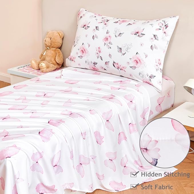 PERFEMET Floral Toddler Bedding 4-Piece Pink Flower Toddler Girls Comforter with Sheet Set Reversible Butterfly Kid Bed Sets-Comforter, Fitted Sheet,Flat Sheet,Pillowcase