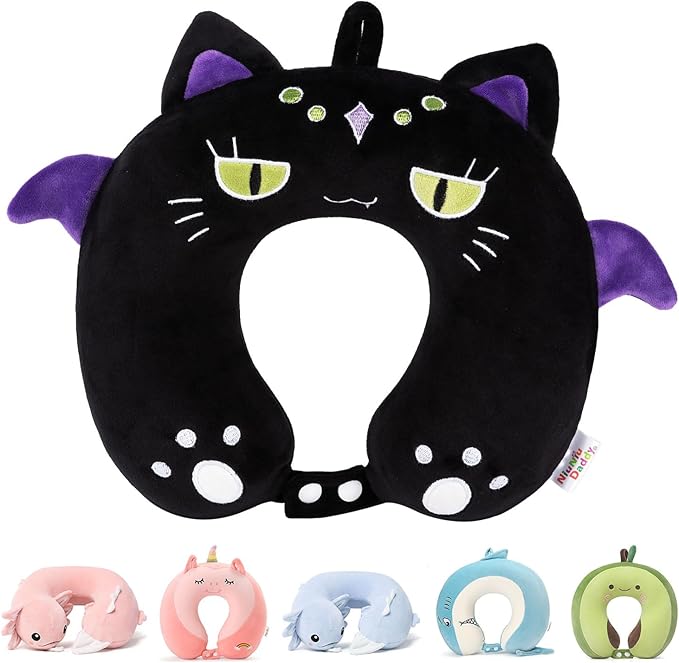 Niuniu Daddy Black Cat Kids Neck Travel Pillow for Kids, Compact Portable Travel Neck Pillow Supportive for Airplane Car Recline Sleeping for 3-8 Years Cute Boys Girls Toddlers Holiday Long Trip