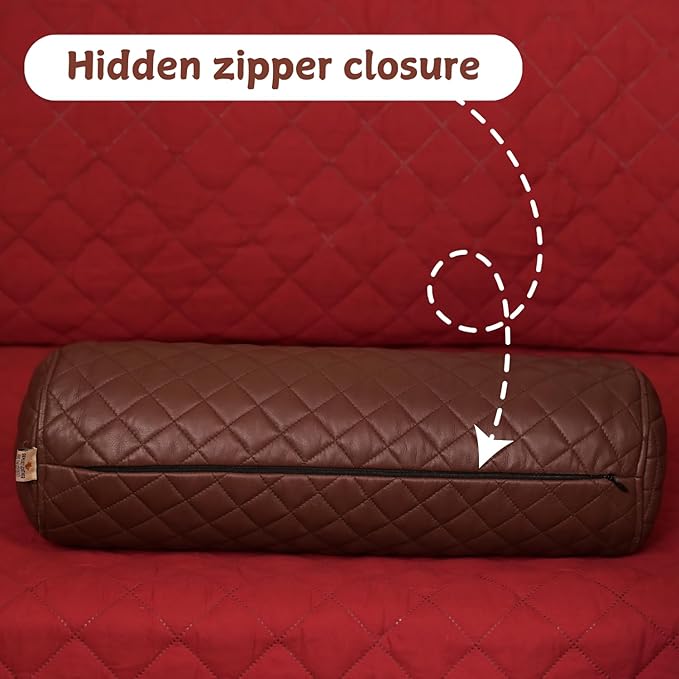 Neck Roll Pillow Cushion Cover, 22x5 Inch Full Moon Round Bolster Pillow Case, Cylinder Soft Lambskin Leather Pillowcase for Head, Spine & Neck Support During Sleep - Quilted Chocolate Brown Pack of 1