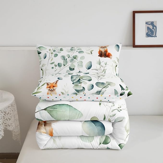 Erosebridal Girls Cartoon Animal Queen Size Comforter Set for Kids Toddler Kawaii Fox Bedding Set, Woodland Wildlife Down Comforter Jungle Wild Fox Bed Set, Botanical Green Eucalyptus Quilted Duvet