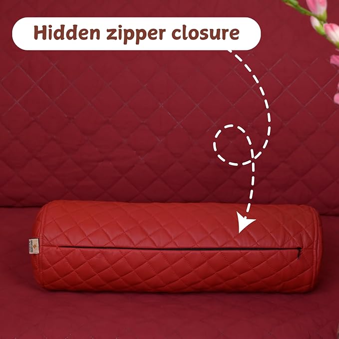 Neck Roll Pillow Cushion Cover, 18x6 Inch Full Moon Round Bolster Pillow Case, Cylinder Soft Lambskin Leather Pillowcase for Head, Spine & Neck Support During Sleep - Quilted Cherry Red Pack of 2