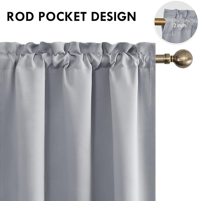DWCN Blackout Curtains Room Darkening Thermal Insulated Bedroom Curtains Window Curtain Panels, 38 x 63 inches Long, Set of 2 Silver Grey Rod Pocket Drapes