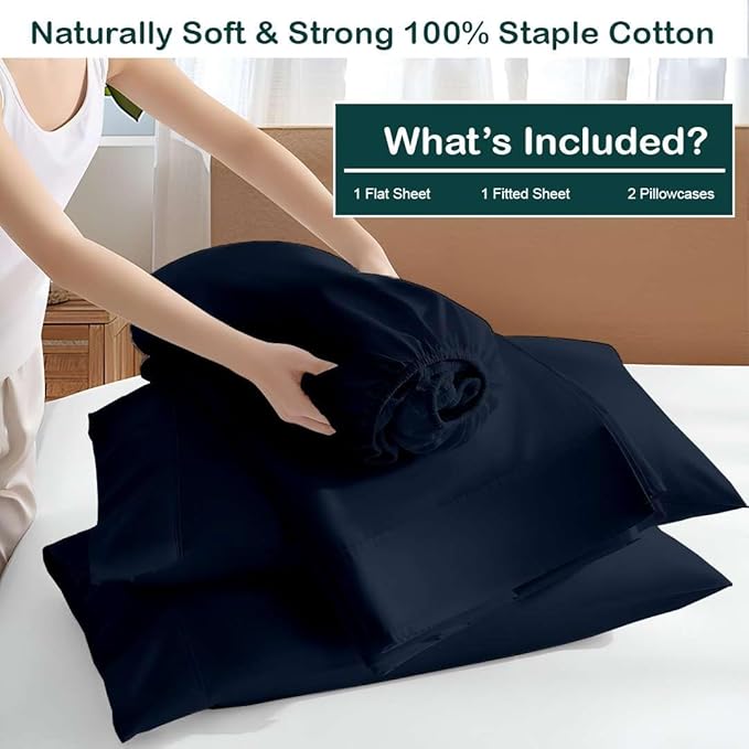 NON Sticky cotton Twin Size Sleeper Sofa Sheets, 4 Piece Egyptian Cotton Bed Sheet Set for Sofa Bed, 6" Deep Pocket Fitted Sheet for Pull Out Couch Mattress, 39" x 75", Navy Blue Solid