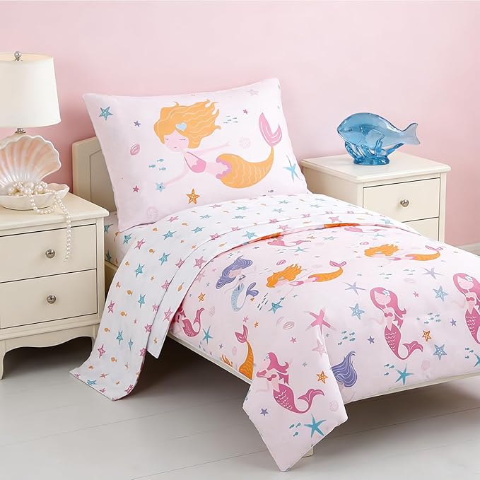 PERFEMET Toddler Bedding Sets Girls 4 Pieces Pink Mermaid Toddler Bed in A Bag Soft Reversible Blush Toddler Bed Set Include Comforter, Flat Sheet, Fitted Sheet, Pillowcase
