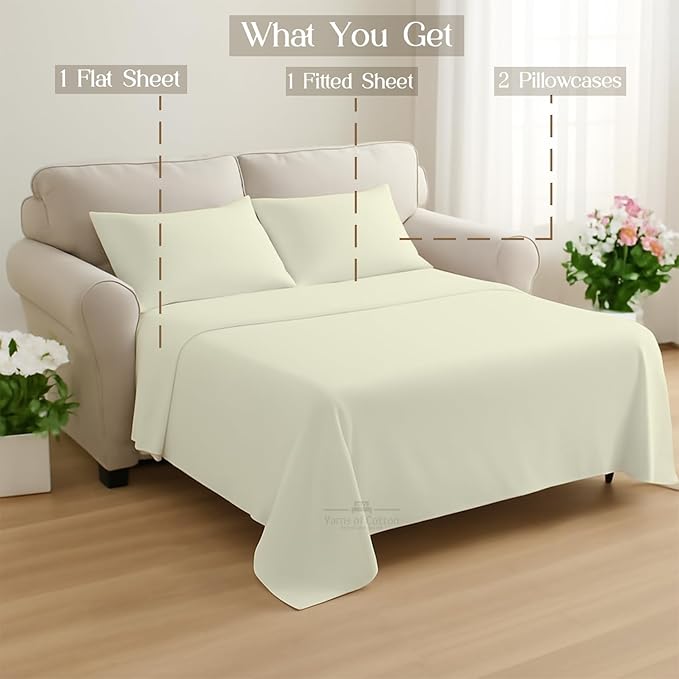 Sleeper Sofa 4 Piece Bed Sheet Set Premium Quality 100% Cotton 500 Thread Count, Smooth & Super Soft Sateen Weave, Extra Soft Bed Sheets, Wrinkle Free, 6 Inch Deep Pocket (Twin, Ivory)