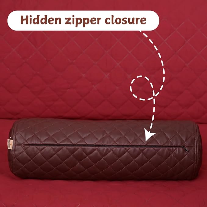 Neck Roll Pillow Cushion Cover, 20x6 Inch Full Moon Round Bolster Pillow Case, Cylinder Soft Lambskin Leather Pillowcase for Head, Spine & Neck Support During Sleep - Quilted Dark Brown Pack of 1