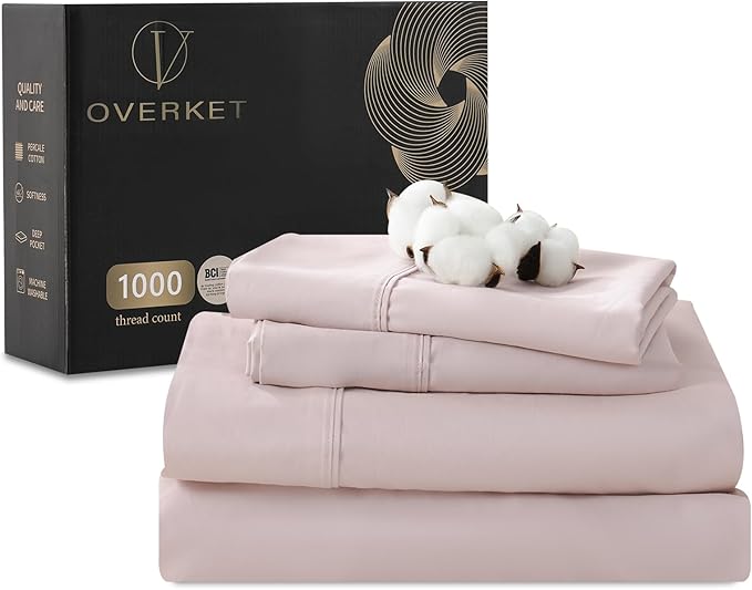 100% Egyptian Cotton Sheets King Size 1000 Thread Count Sateen Weave Soft Breathable 16-Inch Deep Pocket 4PCS（King,Dusty Pink）