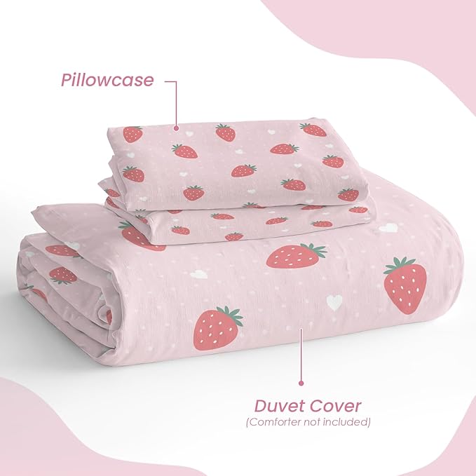 SANDJEST Strawberry Duvet Cover Sets Full Size for Kids Girls, Incude 1 Polyester Comforter Cover 80x90 Inches and 2 Pillowcases 20x26 Inches, Comforter Not Included, Gift for Christmas Birthday