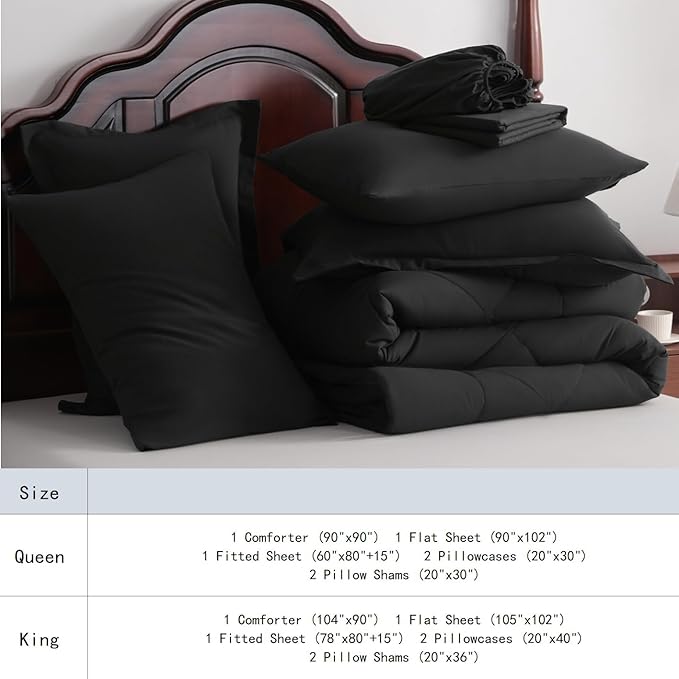 NTBAY Queen Comforter Set with Sheets, 7 Pieces Soft and Breathable Queen Bedding Set, Bed in a Bag, Down Alternative Comforter Set Solid Color All Season, Queen Bedding Set, Black