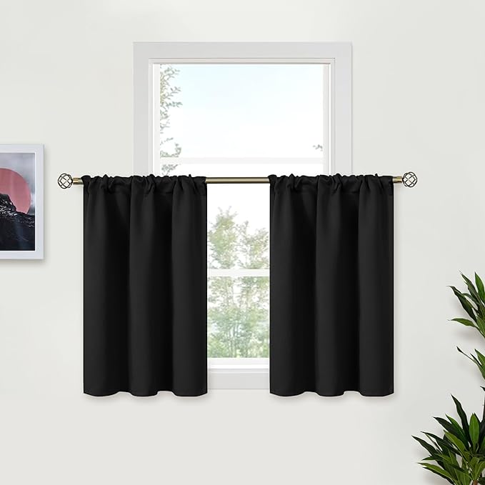 BGment Small Black Curtains 34x30 Inch for Short Window - Rod Pocket Half Window Drapes for Kitchen Cafe Decorative Thermal Insulated Room Darkening Blind Rv Camper Privacy, 2 Panels