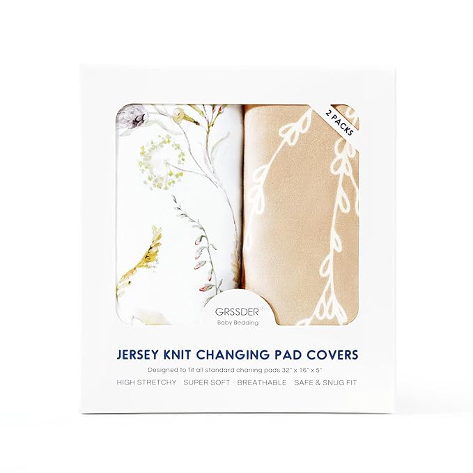 GRSSDER Stretchy Ultra Soft Jersey Knit Changing Pad Cover Set 2 Pack, Stylish Breathable and Come with The Buckle Strap Holes, Universal Fitted Safe and Snug