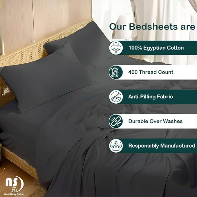 NON Sticky cotton Queen Size Sleeper Sofa Sheets, 4 Piece Egyptian Cotton Bed Sheet Set for Sofa Bed, 6" Deep Pocket Fitted Sheet for Pull Out Couch Mattress, 60" x 75", Dark Grey Solid