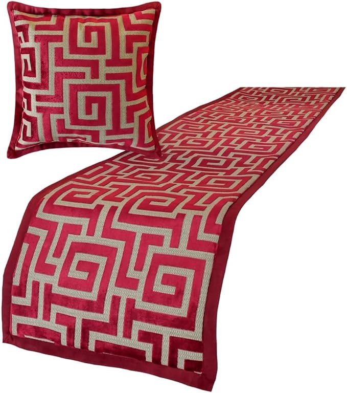 The HomeCentric King/Queen/Twin Red Decorative Twin 53"x18" Bed Runner with Pillow Cover, Maze Bed Scarf on Velvet Fabric - Path