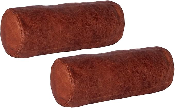 Neck Roll Pillow Cushion Cover, 18x5 Inch Full Moon Round Bolster Pillow Case, Cylinder Soft Lambskin Leather Pillowcase for Head, Spine & Neck Support During Sleep - Tan Artical Pack of 2