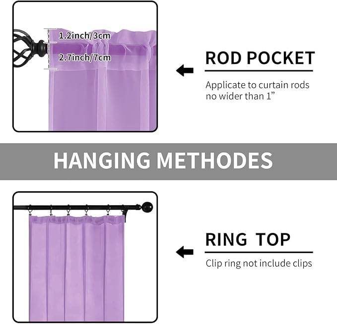 Sheer Curtains 84 Inches Long 2 Panels, Rod Pocket Short Curtain for Kitchen, Bedroom, Cafe Window(Lavender 38" W x 84" L)