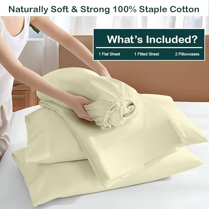 NON Sticky cotton Queen Size Sleeper Sofa Sheets, 4 Piece Egyptian Cotton Bed Sheet Set for Sofa Bed, 6" Deep Pocket Fitted Sheet for Pull Out Couch Mattress, 60" x 75", Ivory Solid, Soft & Breathable