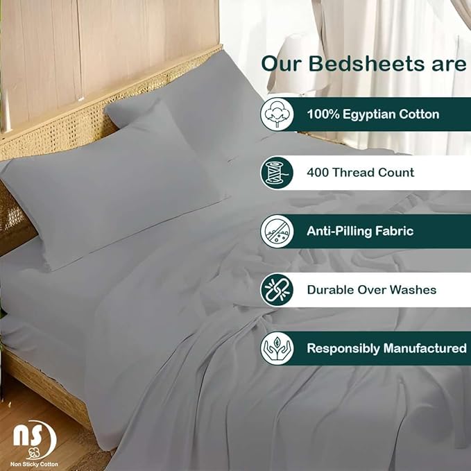 NON Sticky cotton Full Size Sleeper Sofa Sheets, 4 Piece Egyptian Cotton Bed Sheet Set for Sofa Bed, 10" Deep Pocket for Pull Out Couch Mattress, 54" x 75", Light Grey Solid, Soft & Breathable