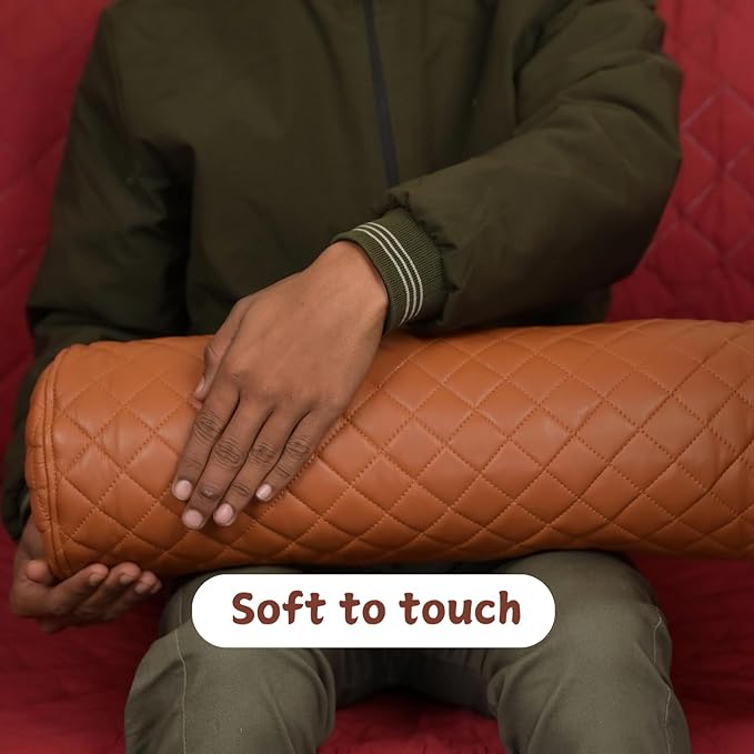 Neck Roll Pillow Cushion Cover, 16x5 Inch Full Moon Round Bolster Pillow Case, Cylinder Soft Lambskin Leather Pillowcase for Head, Spine & Neck Support During Sleep - Quilted Tan Pack of 1