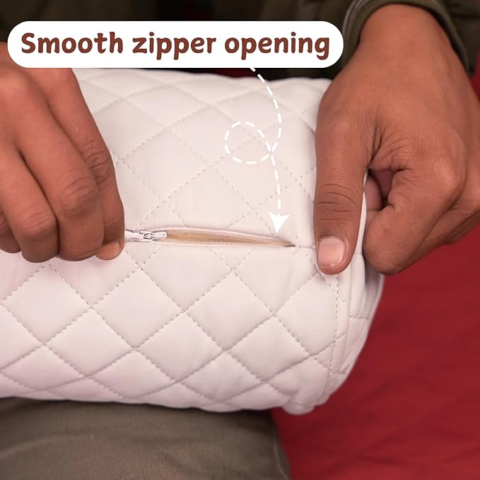 Neck Roll Pillow Cushion Cover, 18x5 Inch Full Moon Round Bolster Pillow Case, Cylinder Soft Lambskin Leather Pillowcase for Head, Spine & Neck Support During Sleep - Quilted White Pack of 2