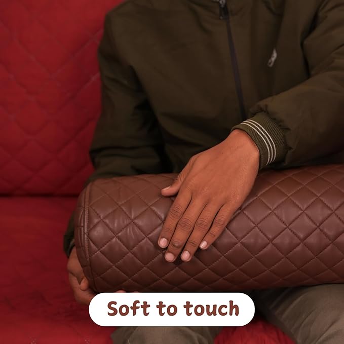 Neck Roll Pillow Cushion Cover, 16x7 Inch Full Moon Round Bolster Pillow Case, Cylinder Soft Lambskin Leather Pillowcase for Head, Spine & Neck Support During Sleep - Quilted Chocolate Brown Pack of 2