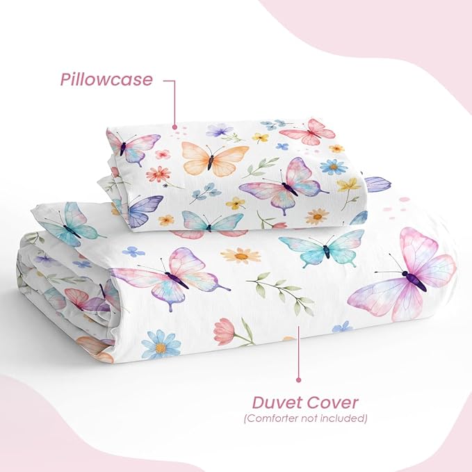 SANDJEST Butterfly Duvet Cover Sets Twin Size for Kids Girls, Include 1 Polyester Comforter Cover 68x86 Inches and 1 Pillowcase 20x26 Inches, Comforter Not Included, Gift for Christmas Birthday