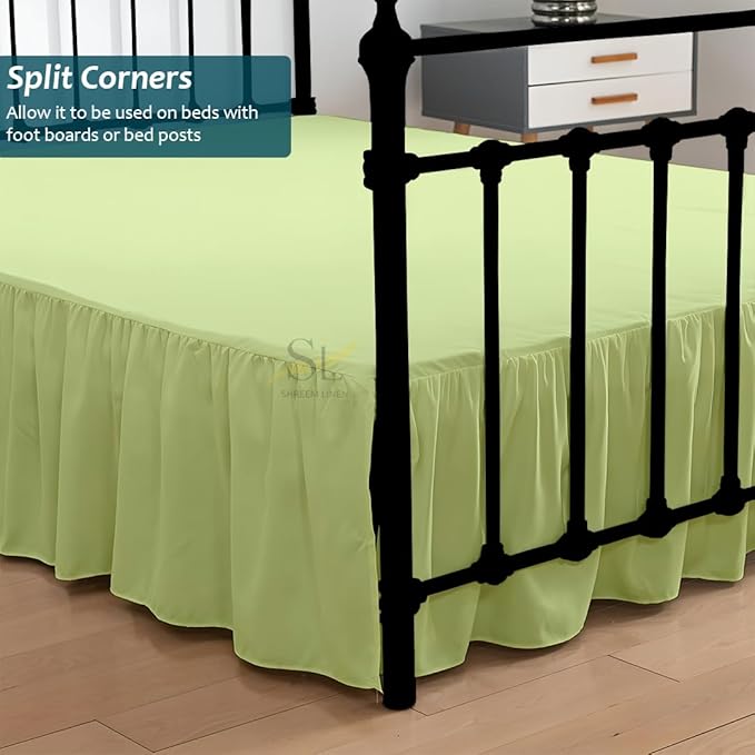 Shreem Linen Ruffled Bed Skirt with Split Corners, Gathered Style, 100% Microfiber, 28-Inch Drop, Dust Ruffle Bedskirt with Platform, Queen, Sage