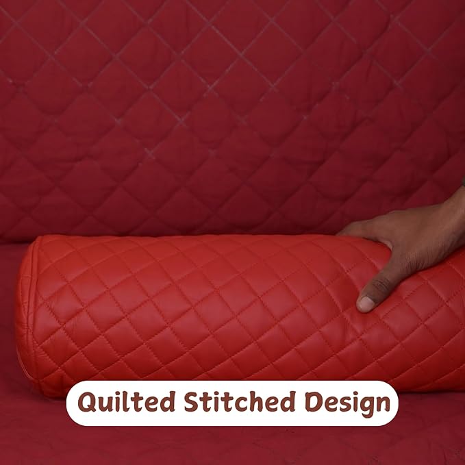 Neck Roll Pillow Cushion Cover, 24x6 Inch Full Moon Round Bolster Pillow Case, Cylinder Soft Lambskin Leather Pillowcase for Head, Spine & Neck Support During Sleep - Quilted Cherry Red Pack of 1