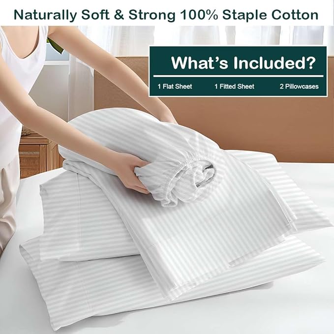 NON Sticky cotton Queen Size Sleeper Sofa Sheets, 4 Piece Egyptian Cotton Bed Sheet Set for Sofa Bed, 7" Deep Pocket for Pull Out Couch Mattress, 60" x 75", White Stripe, Soft & Breathable