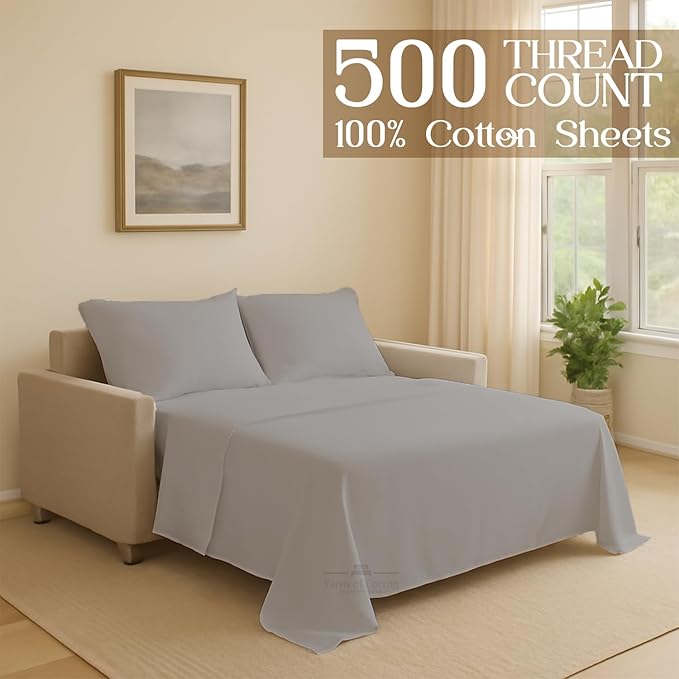 Sleeper Sofa 4 Piece Bed Sheet Set Premium Quality 100% Cotton 500 Thread Count, Smooth & Super Soft Sateen Weave, Extra Soft Bed Sheets, Wrinkle Free, 4 Inch Deep Pocket (Full, Silver)