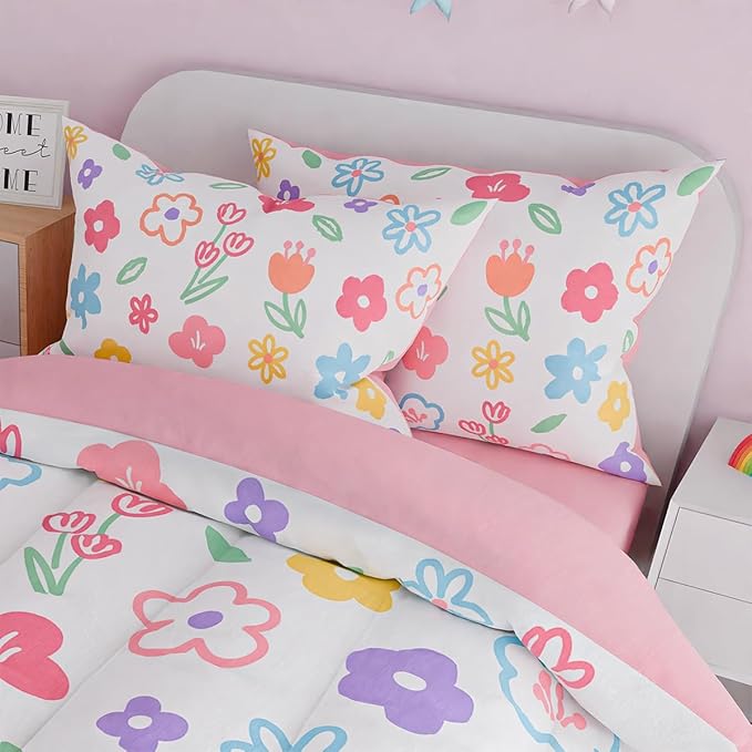 SANDJEST Floral Full Bedding Sets for Girl, Ultra Soft Microfiber Comforter Bed Set with 4-Pieces, Flower Comforters Sets for Kids Children Girl Teen Tween Bedroom Decor