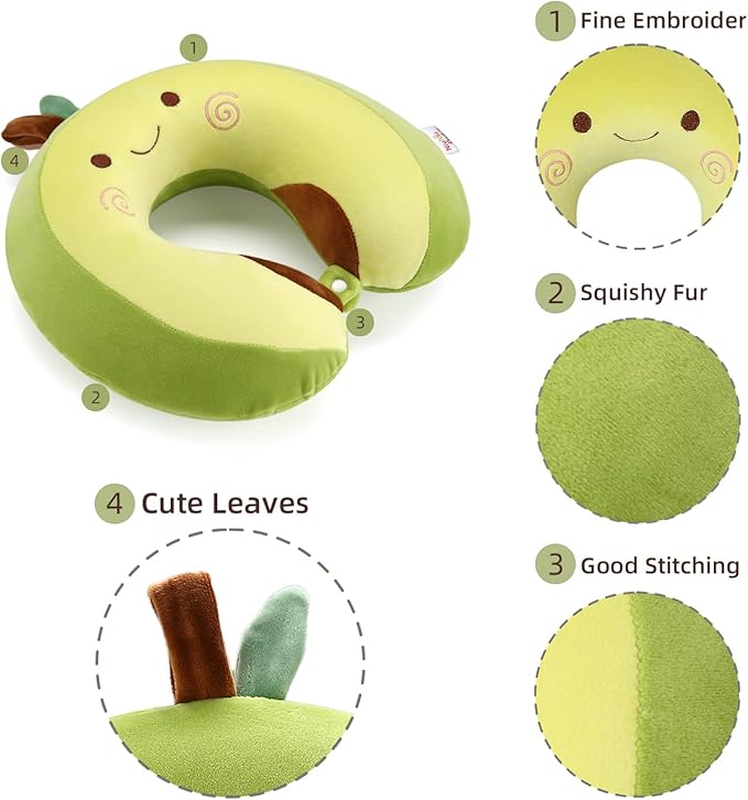 Niuniu Daddy Neck Pillow for Kids Teen Toddlers, Travel Accessories for Airplane, Car, Recline, Neck Chin Head Support, 100% Pure Memory Foam Insert, Cute Plush Travel Pillow Cover Washable - Avocado