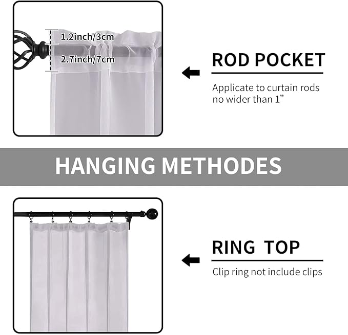 Sheer Curtains 72 Inches Long 2 Panels, Rod Pocket Short Curtain for Kitchen, Bedroom, Cafe Window(Light Grey 38" W x 72" L)