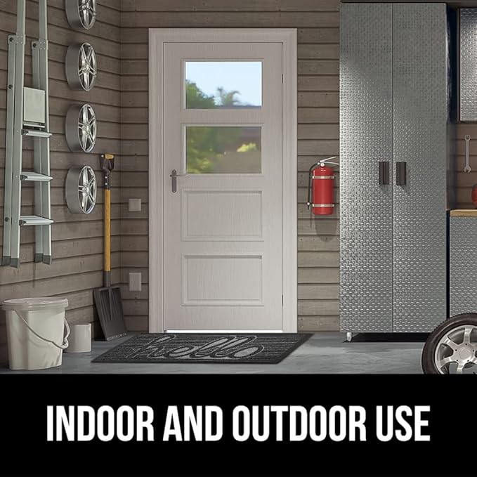 GORILLA GRIP 100% Waterproof All-Season WeatherMax Doormat, US Designed Natural Rubber, Stain and Fade Resistant, Low Profile Indoor Outdoor Door Mats, Easy Clean Patio Mat, 17x29, Charcoal Hello