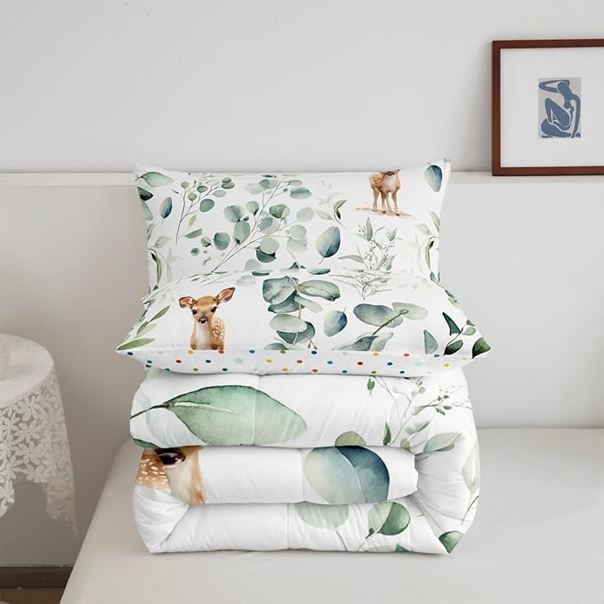 Erosebridal Cartoon Deer Bedding Full Toddler Woodland Wildlife Comforter Set Full, Plant Duvet Insert Eucalyptus Leaf Quilt Comforter, Jungle Animal Theme Bedding Comforters & Sets Kids Room Decor