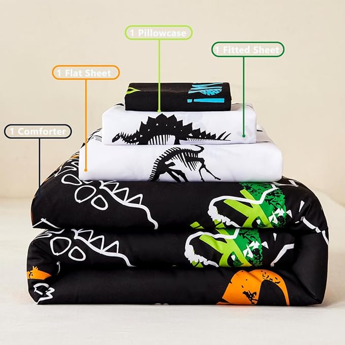 PERFEMET 4-Piece Boys Toddler Bedding Sets Cartoon Dinosaur Comforter Set for Girls Kids Soft Reversible Colorful Animal Bed Set for Toddler(Dinosaur, Toddler)