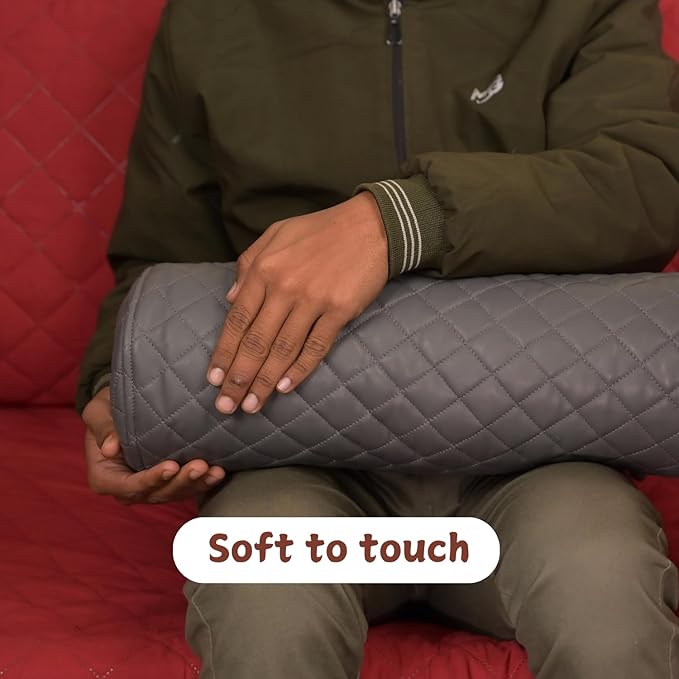 Neck Roll Pillow Cushion Cover, 22x5 Inch Full Moon Round Bolster Pillow Case, Cylinder Soft Lambskin Leather Pillowcase for Head, Spine & Neck Support During Sleep - Quilted Grey Pack of 1