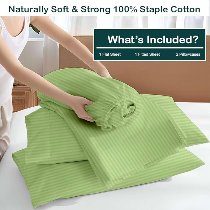 NON Sticky cotton Full Size Sleeper Sofa Sheets, 4 Piece Egyptian Cotton Bed Sheet Set for Sofa Bed, 7" Deep Pocket for Pull Out Couch Mattress, 54" x 75", Sage Stripe, Soft & Breathable