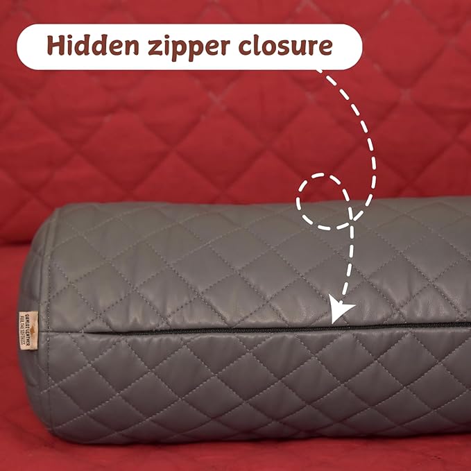 Neck Roll Pillow Cushion Cover, 14x6 Inch Full Moon Round Bolster Pillow Case, Cylinder Soft Lambskin Leather Pillowcase for Head, Spine & Neck Support During Sleep - Quilted Grey Pack of 1