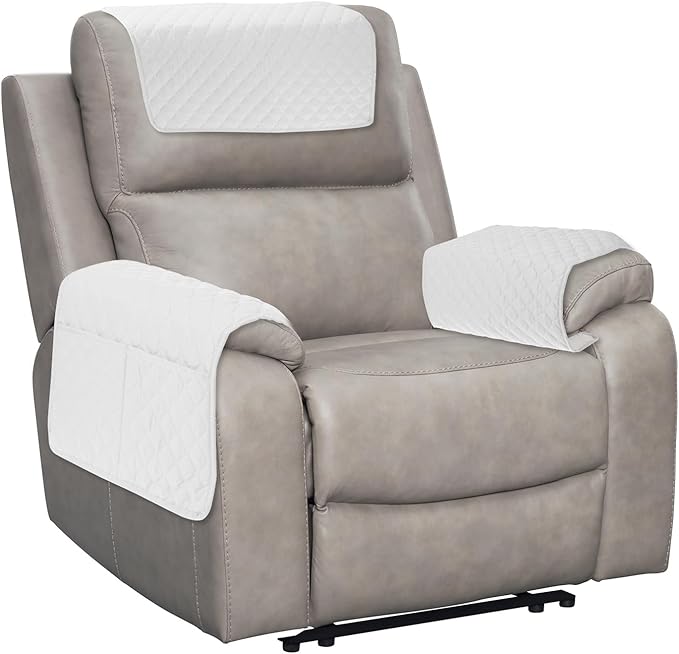 uxcell 3 PCS Armrest Covers, Couch Arm Cover Furniture Protect Slide Recliner Chair Armchair Covers with Side Storage Pocket for Sofa Recliner, Ecru