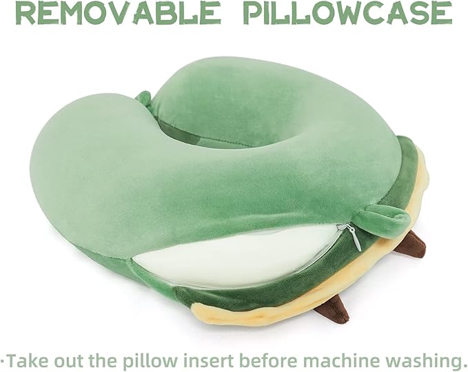 Niuniu Daddy Kids Travel Pillow - Soft Memory Foam Neck Pillow for Airplane, Car, Train Travel - Green Dinosaur Design for Boys & Girls (9-12 Years)